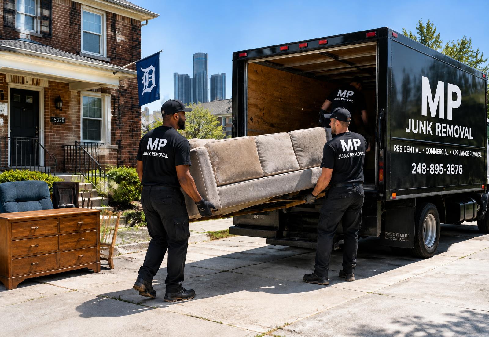 MP Junk Removal crew loading a couch into the truck